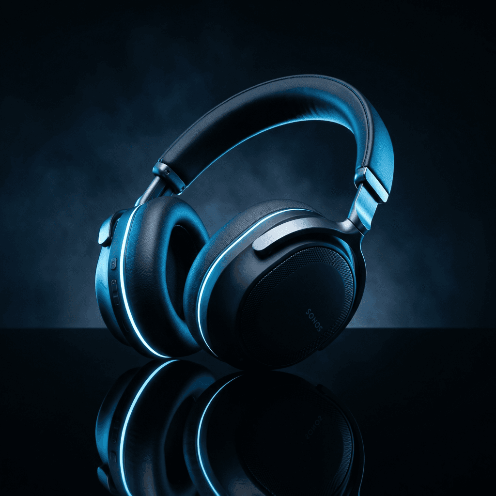 Wireless headphones on reflective surface, dramatic rim lighting
